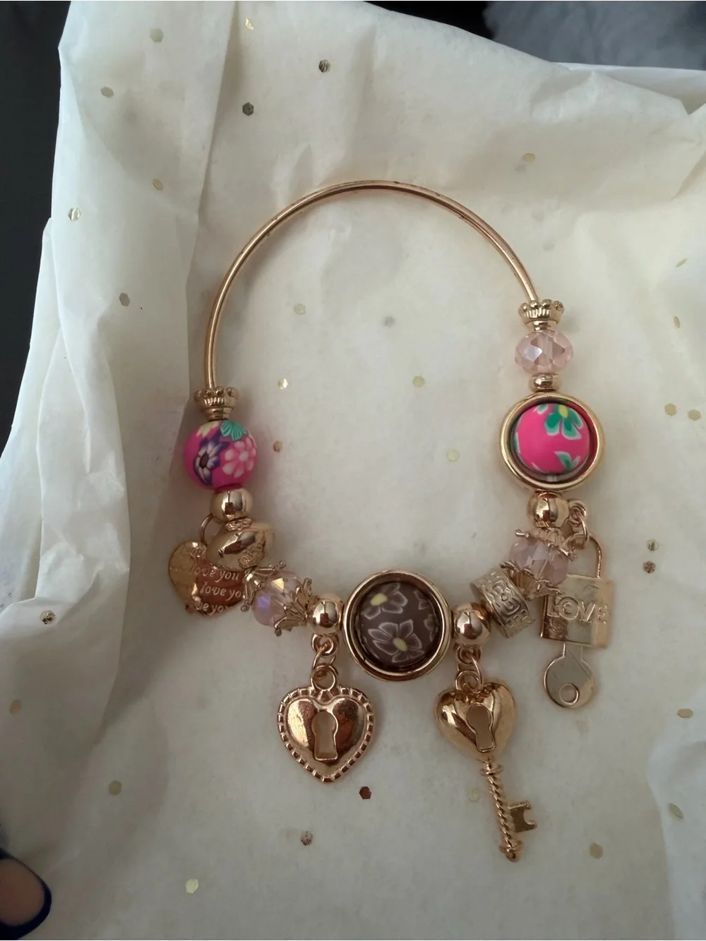 Gold- Charm Bracelet with Pink Floral Accents